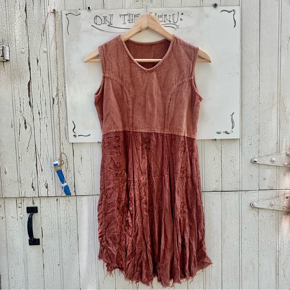 Vintage 90s Distressed Little Brown Summer Dress Size Small